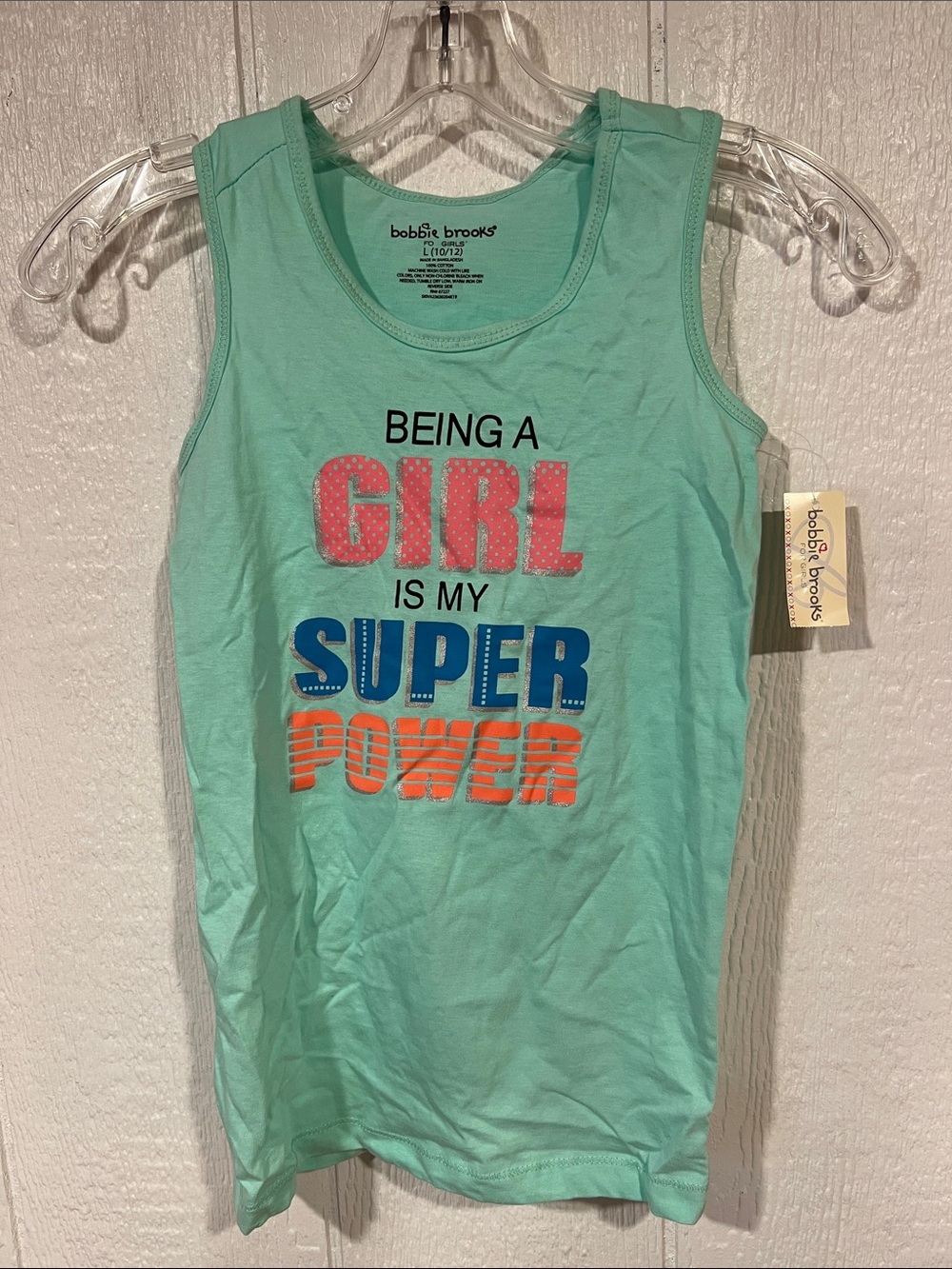 NEW Bobbie Brooks Girls Mint Green Graphic Tank with Pink, Blue & Orange Slogan